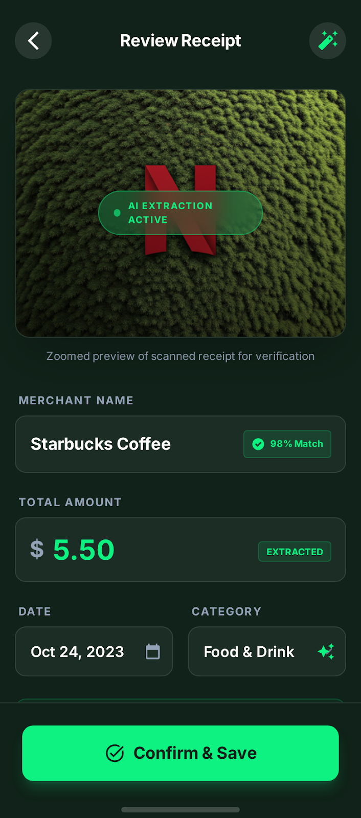 AI receipt review screen