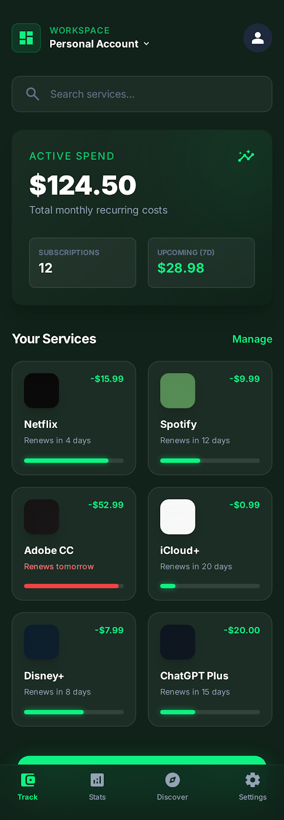 Subscription tracking screen