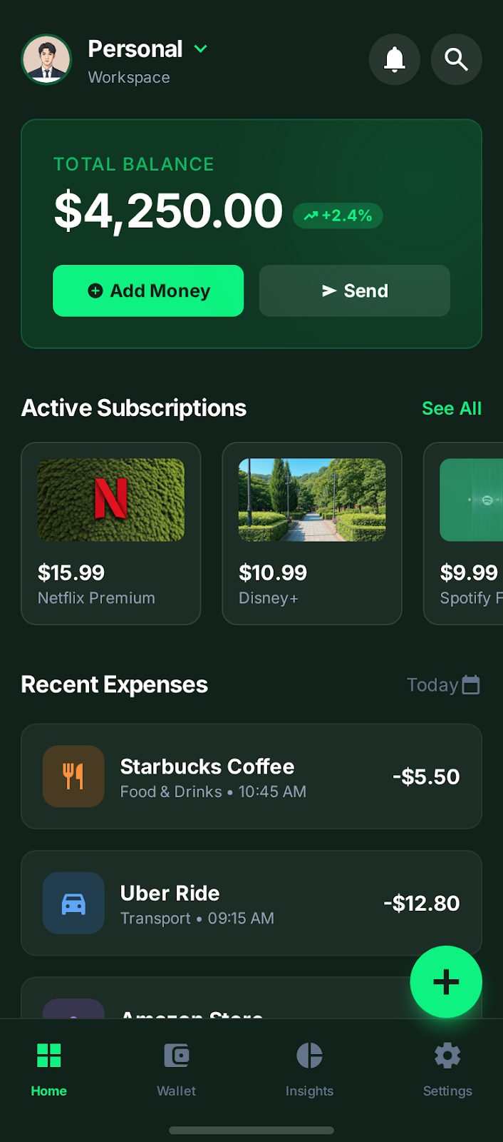 Simplify Expenses app home screen showing total balance, active subscriptions, and recent expenses